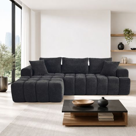 Sofá cama de esquina convertible, terciopelo negro, chaise longue izquierda OKMYHOME (1/5)