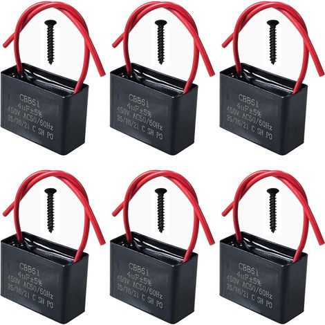 Lot de 6 Condensateurs CBB61 450V 4 µF AC 50/60 Hz Climatiseur Ventilateur Moteur Condensateur de Marche Démarrage pour Ventilateur de Plafond, Hotte (1/5)