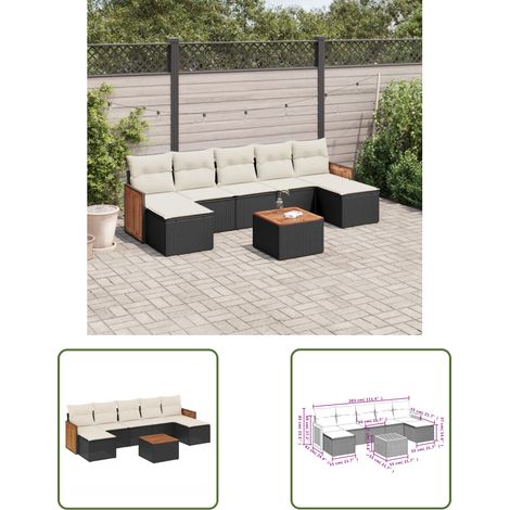 The Living Store 8-tlg. Garten-Sofagarnitur mit Kissen Schwarz Poly Rattan - Gartenmöbel Set - PE-Rattan Möbel - Outdoor Lounge - Esstisch - Sofasatz