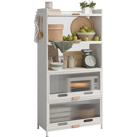 Étagère de Rangement à 5 Niveaux, Etagere Cuisine avec Roues et Coussinets de Pied, Étagère Micro-Ondes, Meuble Rangement, Organisateur et desserte de Cuisine Blanc, 70 32 145cm (1/5)