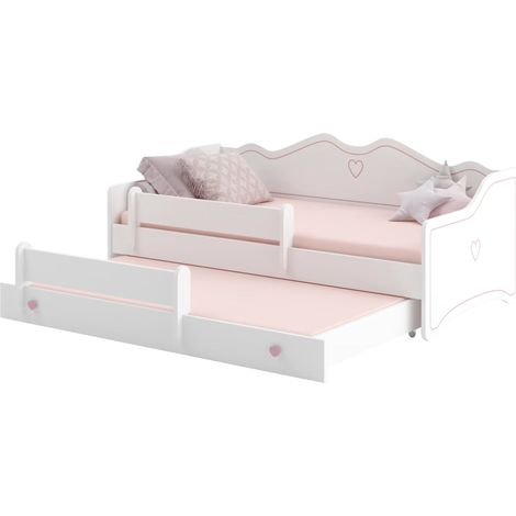 Lit gigogne enfant bois blanc 80x160 petit coeur rose Baky (1/5)