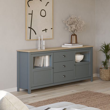 Buffet 2 portes 3 tiroirs 180x40x80 cm vert grisé et chêne - ZRATA (1/5)