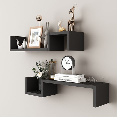 Lot de 2 étagères murales en bois – Tablette murale, étagère suspendue – Étagère murale flottante en forme de S (1/5)