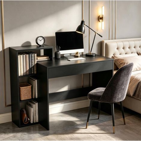 Bureau 100x40x90 cm en panneau de particules noir avec rangement, pour studio – MEUBLIV (1/5)