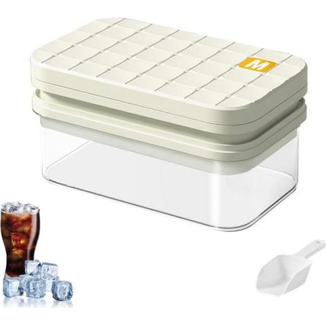 Bac à Glaçons avec Couvercle et Réceptacle, Bac à Glaçons avec Pelle à Glace, 56 Pièces Carrées, Double Couche Empilable, Blanc (1/5)