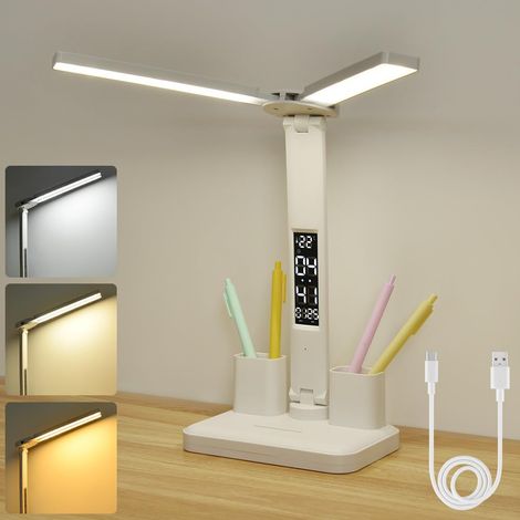 Lampe de Bureau LED à Double Tête, LED Double Bureau avec Heure Calendrier Température Porte Stylo, Protection De Dimmable Yeux, 3 Luminosité 3 Couleurs,Lampe Bureau pour Bureau, Maison, École