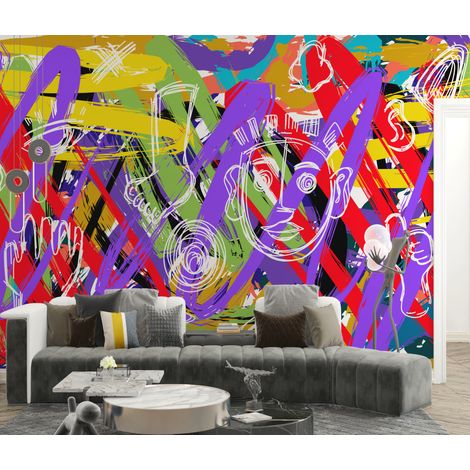 Papier peint graffiti - tags abstraits violets et jaunes - 150 x 250 cm (1/2)