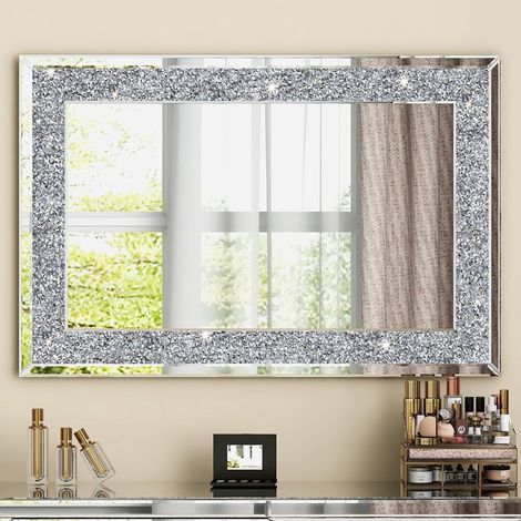 Grand miroir en cristal 90 x 60 cm Miroir mural décoratif rectangulaire argenté avec diamants pour salle de bain, couloir, salon, décoration de maison (1/5)