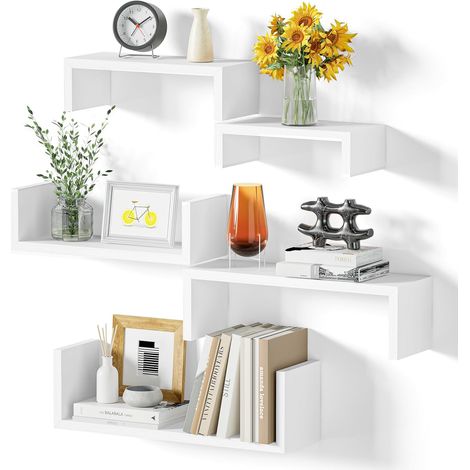 Étagère Murale Blanche Lot de 5 Bois Suspendue Flottante Max.40kg Rangement DIY Déco, Pour Salon Chambre Bureau Salle de Bains Cuisine (1/5)
