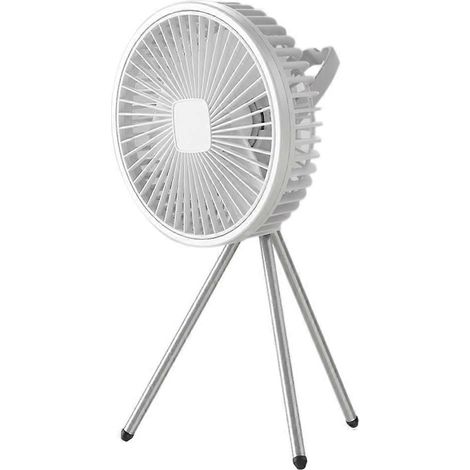 Wiederaufladbarer Campingventilator mit 10.000 mAh Kapazität, tragbar, für den Schreibtisch, kabellos, mit Stativ und Ständer (weiß). (1/5)