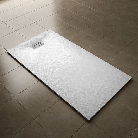 ELEGANT 1700x900mm Slip-Resistance Shower Tray White Slate Effect Square Shower Enclosure Base with Waste Trap and Stainless Steel Drain Cover B