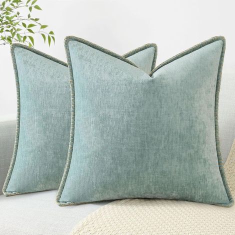 Lot de 2 housses de coussin décoratives douces 45 x 45 cm, en velours neutre style ferme, avec bordure cousue, pour canapé, lit, décoration d'intérieur, Aqua Haze (1/5)