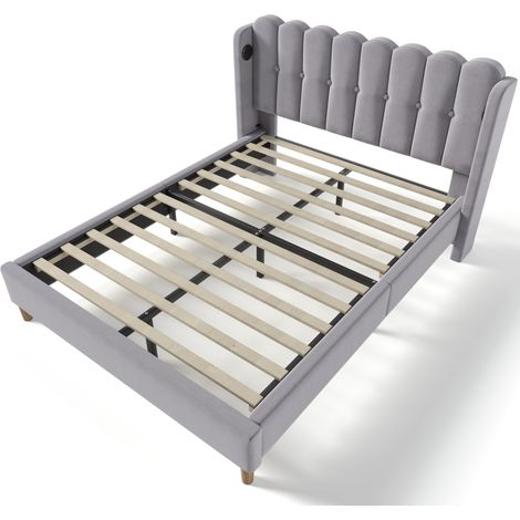 Cama doble capitoné gris 160 x 200 cm con puertos USB y USB-C HOMVRA (1/5)
