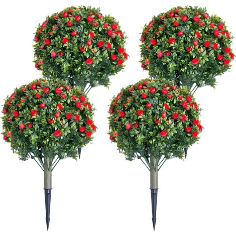 Arbre topiaire artificiel à fleurs de rose cramoisis pour décoration intérieure/extérieurérieure – Boule florale réaliste en PE, tige métallique – Lot de 4 – Idéal salon, jardin, terrasse (1/5)