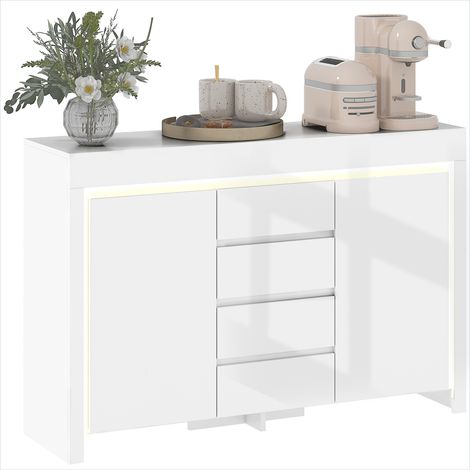 Buffet blanc brillant 120 cm – Design moderne, éclairage LED RGB, 4 tiroirs et 2 portes à fermeture amortie (1/5)