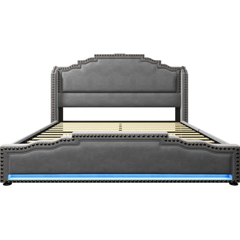 Letto imbottito 160x200 con 4 cassetti, LED, USB-C e rete a doghe in velluto grigio (1/5)