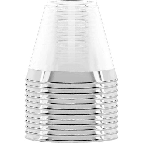 Gobelet en plastique 25 cl, rigide et jetable, verre à vin en plastique transparent pour fêtes et mariages, bord argenté. (1/4)