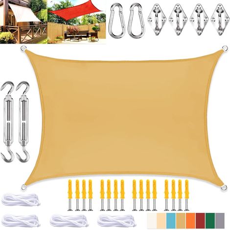 Voile d'ombrage rectangulaire, toile imperméable avec protection UV et kit de fixation, pour terrasse et jardin, jaune sable, 3 x 3 m (1/5)