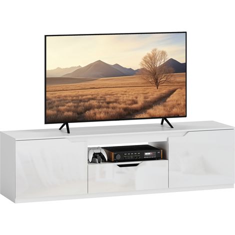 Meuble TV bas, finition laquée brillante, pour téléviseurs jusqu'à 65 pouces, 3 compartiments, tiroir, 160 x 38 x 43 cm, blanc (1/5)