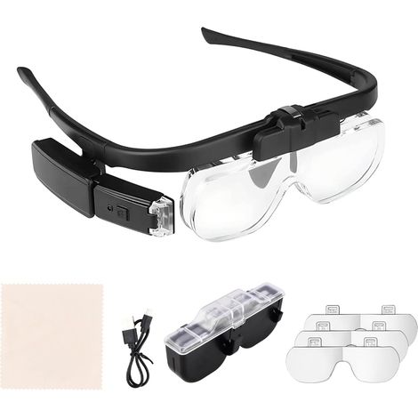 Loupe frontale LED rechargeable 11642DC noire, 6 grossissements combinables jusqu'à 4.5X, éclairage double LED réglable mains-libres (1/4)