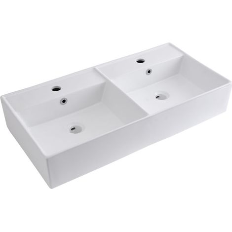 Milano Dalton 820mm x 420mm White Ceramic Rectangular Countertop Wall Mounted Bathroom Double Basin Sink - Basin Only (1/5)