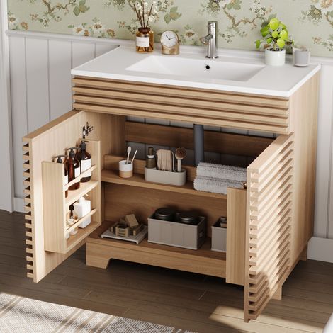 Mueble baño con lavabo de cerámica 91x46 cm, 2 puertas y estantes, sobre patas, en MDF, natural (1/5)