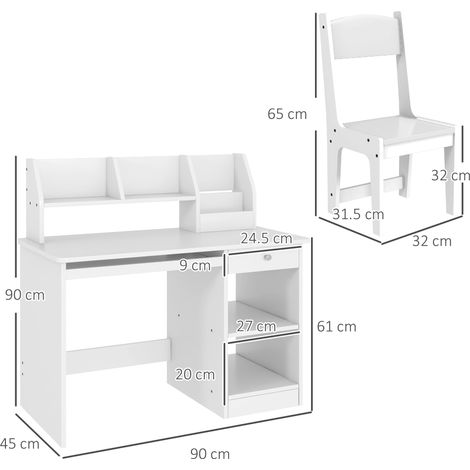Bureau et chaise d'écolier en bois blanc avec étagères et tiroirs coulissants, adaptés aux enfants de 5 à 8 ans. (1/5)