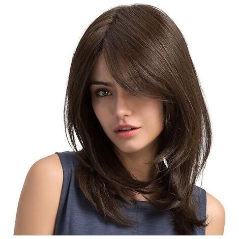 Mittellange Perücke (braun/schwarz), glatter, synthetischer Bob, Vollspitzenperücke für Damen, hitzebeständige Faser (1/5)