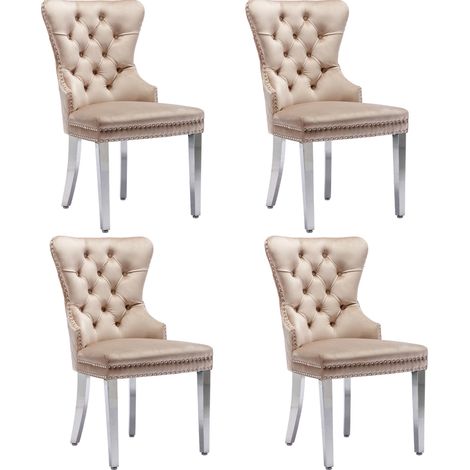 Chaise de salle à manger rembourrée en velours beige avec pieds en métal et décor clou pin (1/5)