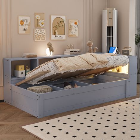 Cama dormitorio con almacenaje LED y enchufe gris OKMYHOME (1/5)