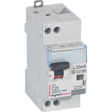 Disjoncteur différentiel monobloc DX³6000 10kA arrivée haute et départ bas à vis U+N 230V - 25A - typeF 30mA - LEGRAND
