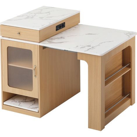 Table extensible sur roulettes avec plan de travail amovible et prises intégrées, multifonction pour cuisine et salle à manger, couleur naturelle (1/5)