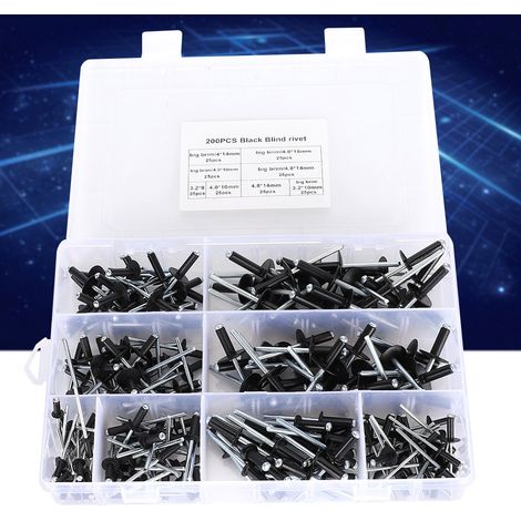 200-teiliges Set schwarzer Blindnieten, Aluminium-Blindnieten, Sortiment 3,2/4,0/4,8 mm (1/5)