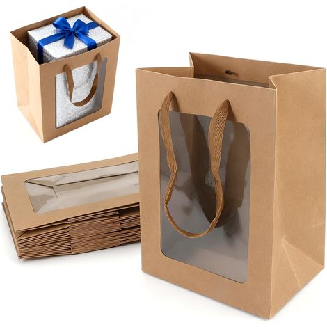 Sac Papier Kraft avec Fenêtre Transparente, 25x18x13cm, 10 Pièces Avec Poignée, Marron, Pour Anniversaire, Mariage, Fête, Emballage Cadeau (1/5)