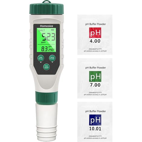 PH Mètre 5 en 1, EC TDS Salinité Température avec Affichage Simultané Trois Données Innovant, Test pH Piscine IP67 étanche, Testeur Salinité pour Eau Potable, Aquariums, hydroponie