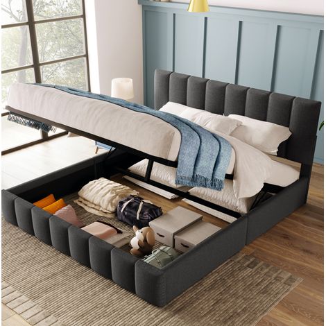Cama doble tapizada moderna 140x200 cm en lino gris, cabecero ajustable y arcón con somier de láminas