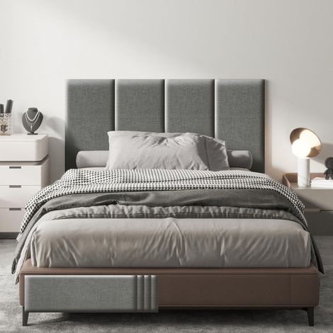 VERCART Lot de 4 panneaux muraux rembourrés autocollants en lin - Tête de lit 3D insonorisée avec mousse - Pour chambre à coucher, salon, bureau - Gris - 90 x 30 cm (1/5)