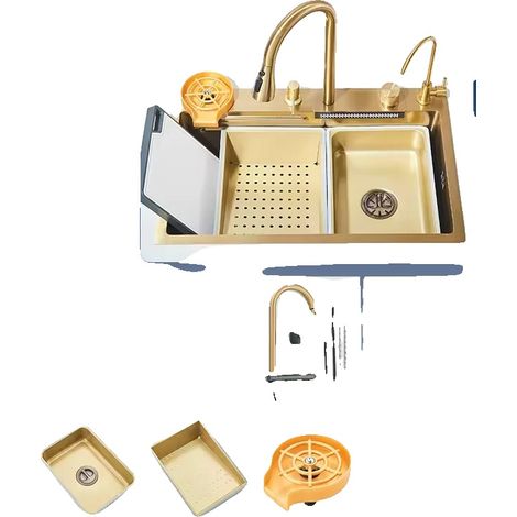 Évier de cuisine, douchette à tuyau rétractable, design moderne, Or brossé Q (1/2)