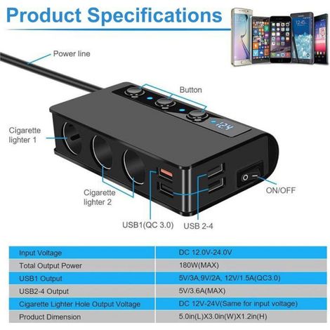 Chargeur Voiture - 4 Ports USB Dont 1 QC3 0 Et 3 Prises Allume-Cigare - Pour Voiture Fourgonnette Camion Camping-Car SUV - 1 Unite (1/4)