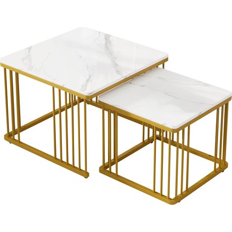 Ensemble de 2 tables basses carrées effet marbre brillant, tables gigognes avec pieds dorés, 606045cm et 454540cm, polyvalentes (1/5)