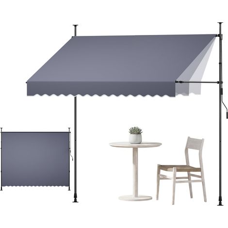 Banne Manuel sans Perçage Auvent Rétractable 300 cm pour Terrasse et Balcon, avec Manivelle, Hauteur Réglable 210-310 cm, Barres Latérales Réglables 110-150 cm, Angle 0°-90°, Gris Foncé (1/5)