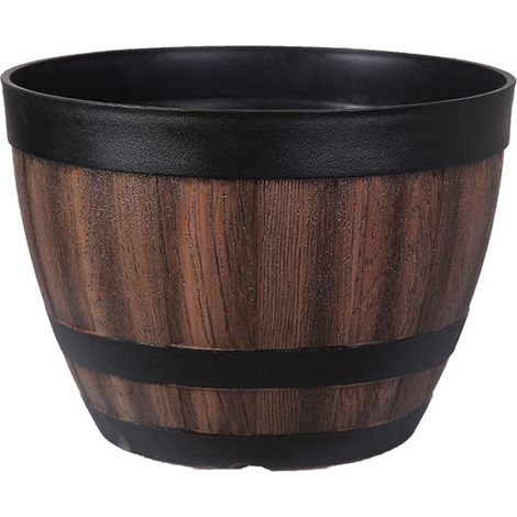Pot de fleurs en plastique imitation bois, en forme de tonneau de whisky, mesurant 30,2 × 30,2 × 22,7 cm, convient aux jardins, balcons, maisons, terrasses, couloirs, etc. (1/5)