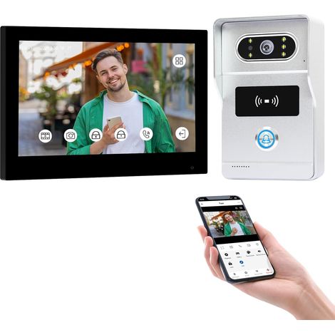 Interphone Vidéo 2 Fils avec Écran 7 Pouces,WiFi,Vision Nocturne Infrarouge et Détection de Mouvement,Caméra HD,Audio Bidirectionnel, Débloquage de Carte RFID (1/5)