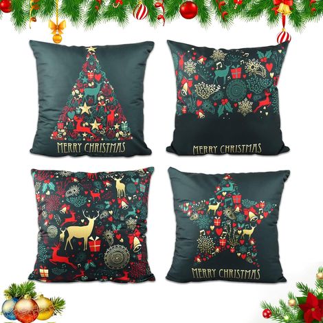 QAZQA Housse de Coussin Noel, Coussin Taie d'oreiller Noël, 4 Pièces Taie Oreiller Noël, 45x45cm Noël Taie d'oreiller AVCE Fermeture Éclair Cachée, pour Canapé Lit Voiture Intérieur Maison Deco (1/5)