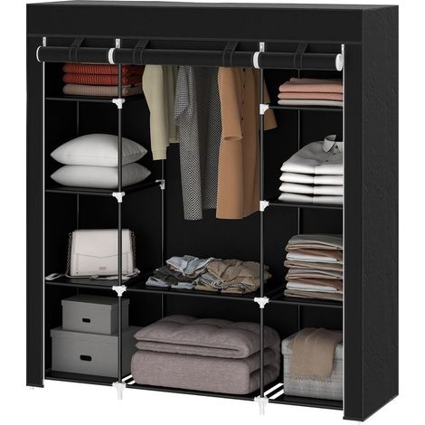 Cabinet in fabric non woven, foldable, 1 rod, 9 shelves, 150 cm x 43 cm x 162,5 cm, black (1/5)