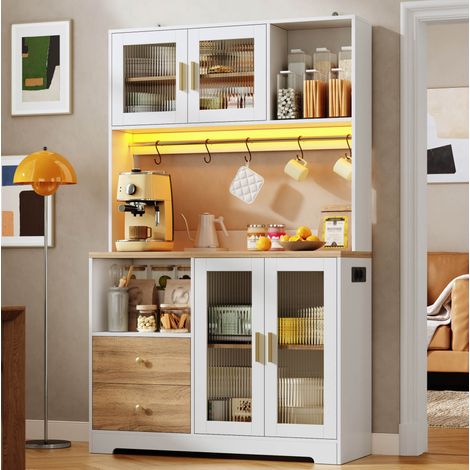 Mueble de cocina 110 x 40 x 178 cm con LED, enchufes y vitrina de vidrio templado OKMYHOME (1/5)