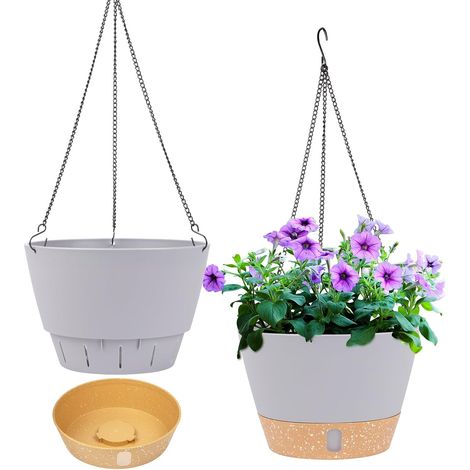 2 Pack Hanging Planters, 8 Inch Diameter Indoor Outdoor Hanging Flower Pot with Drainage Hole and 3 Hooks for Garden and Home (Light Grey) (1/5)