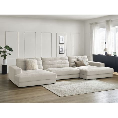 Bobochic – Canapé panoramique fixe 3 places en velours beige – Longueur 276cm – Structure bois hêtre et pin – Garnissage mousse HR et silicone (1/5)