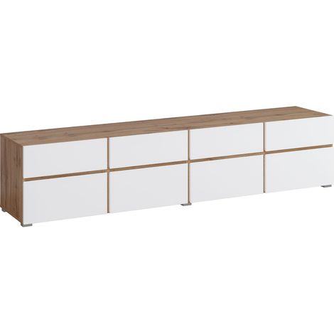 Mueble TV Alfere 101, Wotak roble + Blanco, Número de puertas: 4, Número de cajones: 4, 225x48x40cm