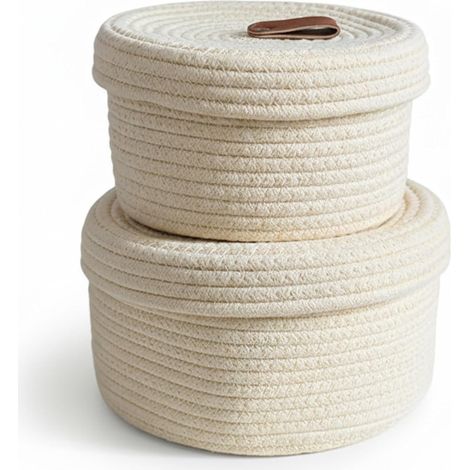 Confezione da 2 cestini portaoggetti in cotone intrecciato con coperchio, materiale morbido, adatti per la conservazione domestica, beige (25 cm e 20 cm). (1/5)